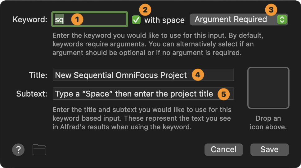 The preferences window for the Keyword step of the action