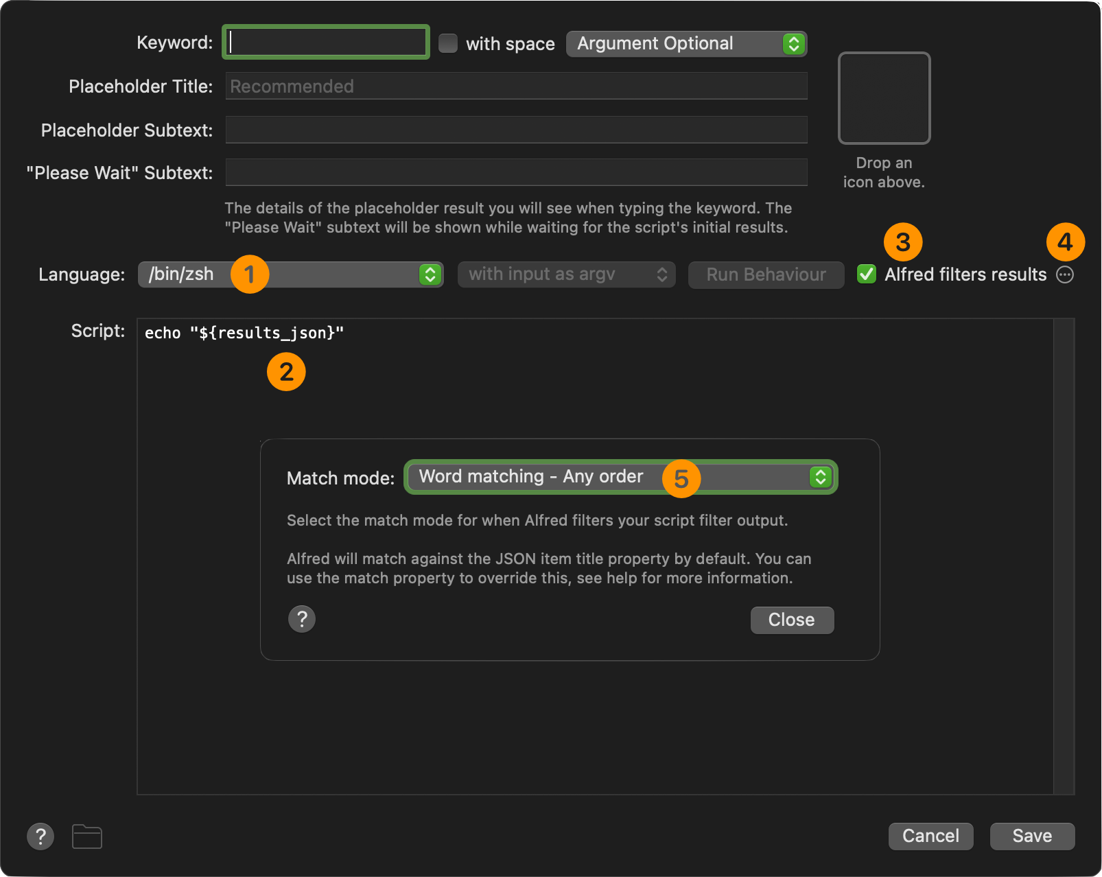 The Display Results action Script Filter step preferences