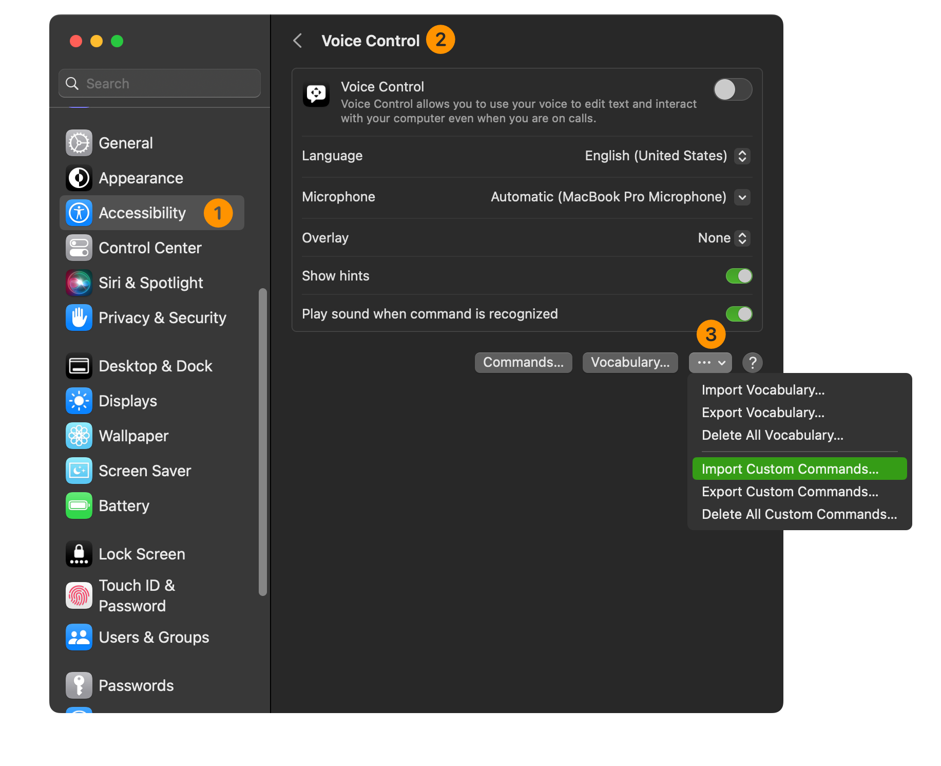 Importing a voice commands file in Voice Control