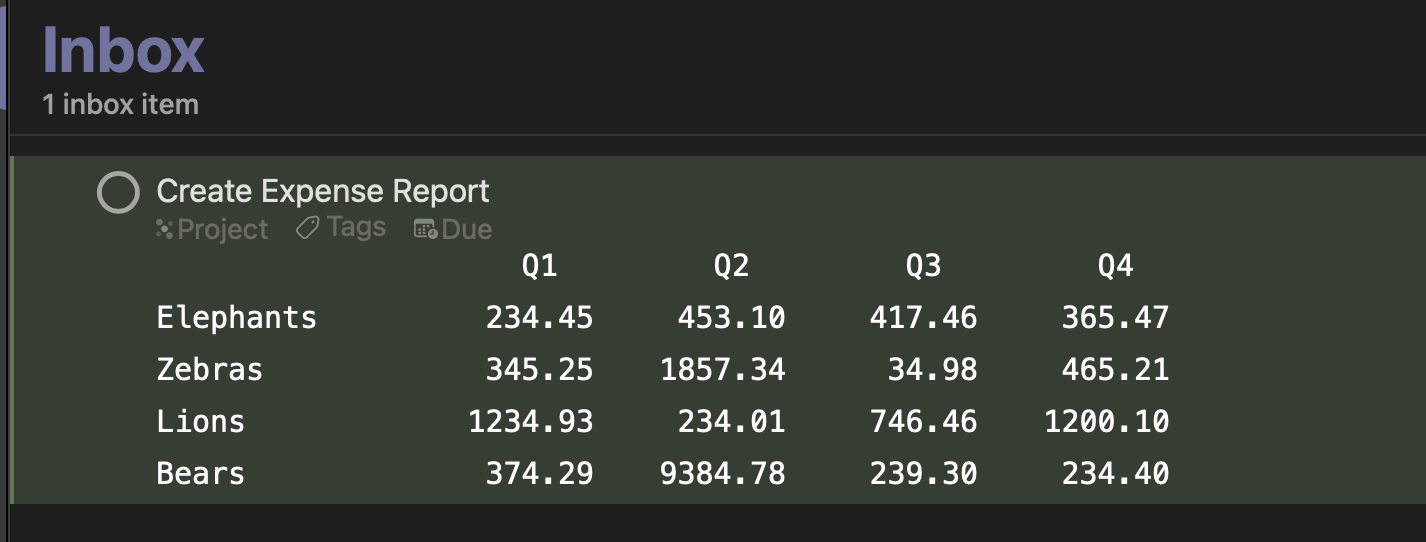 Spreadsheet data in note