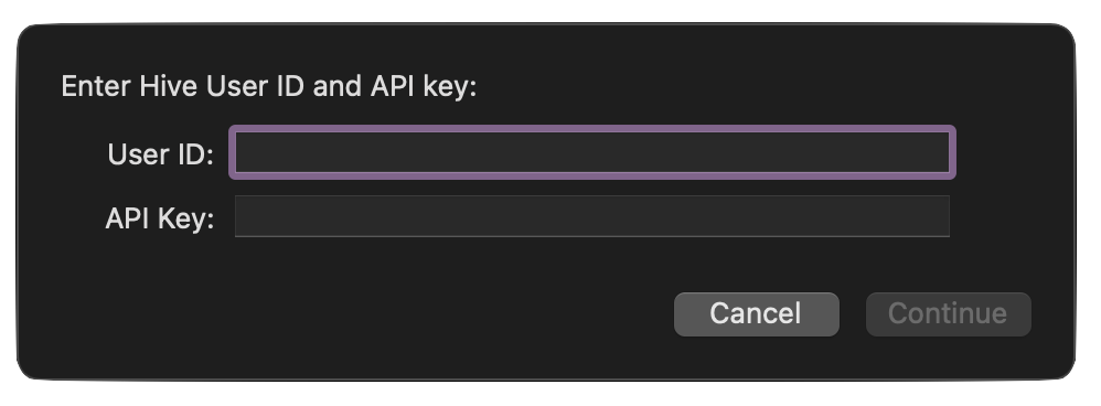 Hive User ID API ID dialog