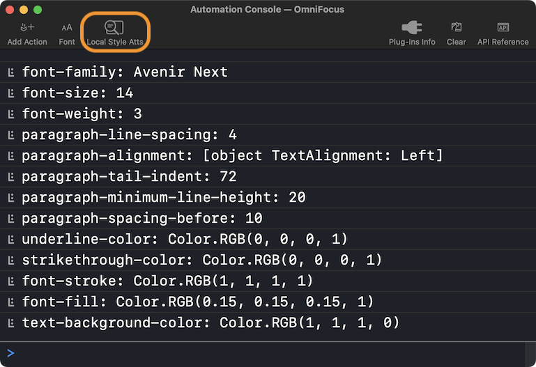 Console window showing the local style attribute values