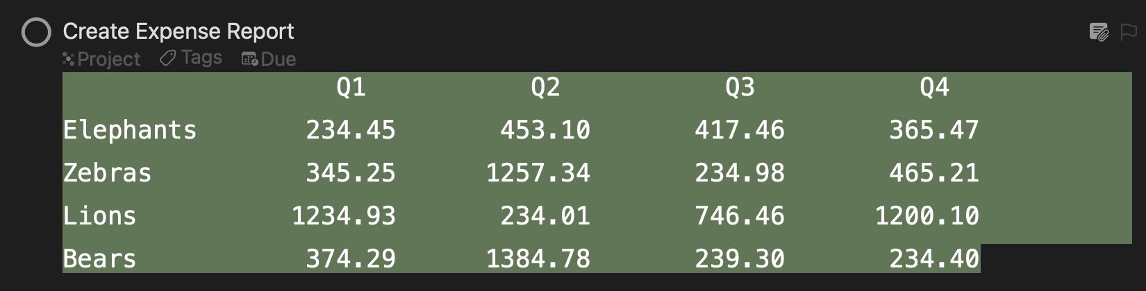 Tabbed data selected in an OmniFocus note