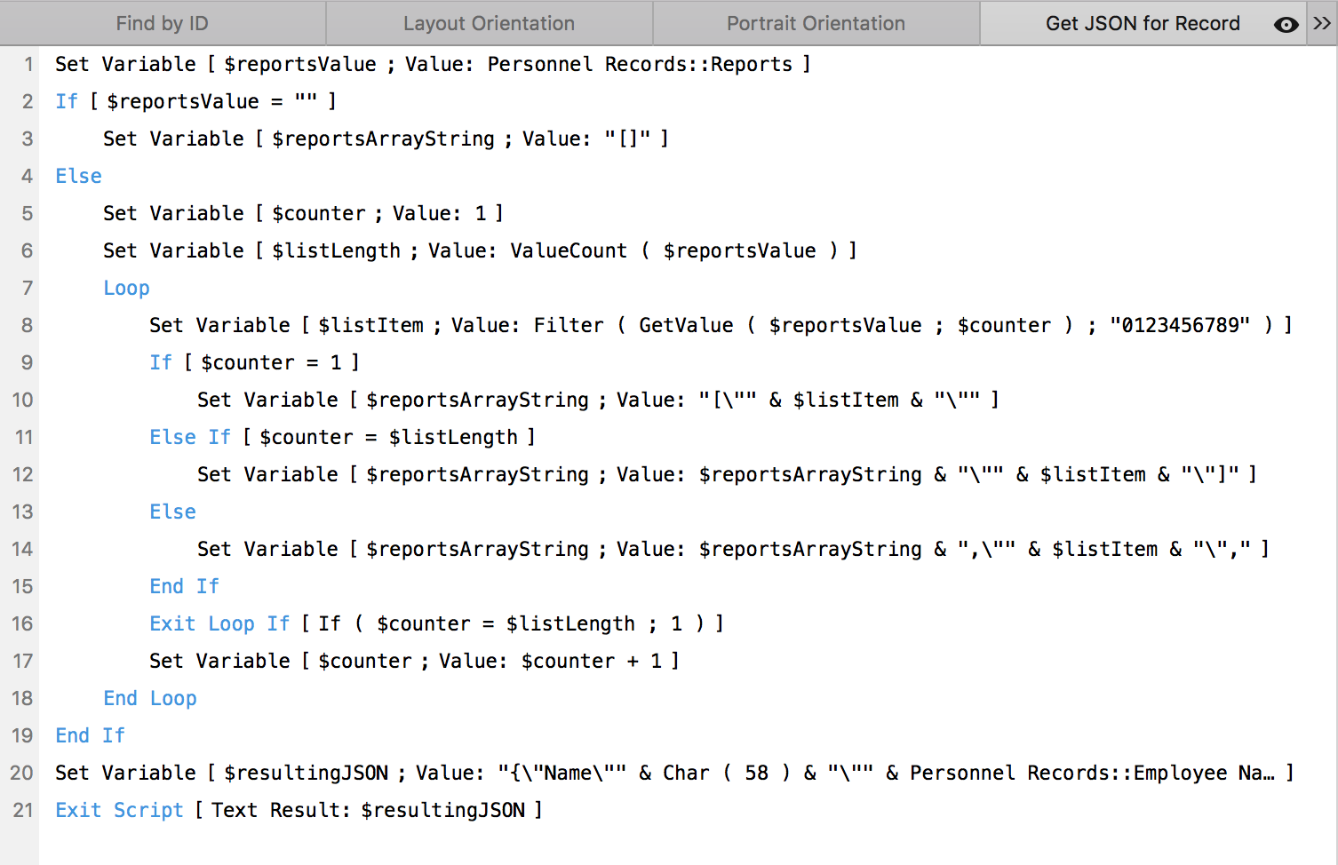 FileMaker script for generating JSON for current record