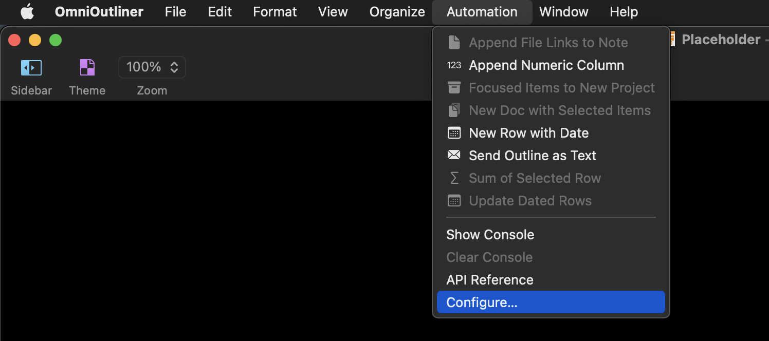 OmniOutliner Automation Menu on macOS