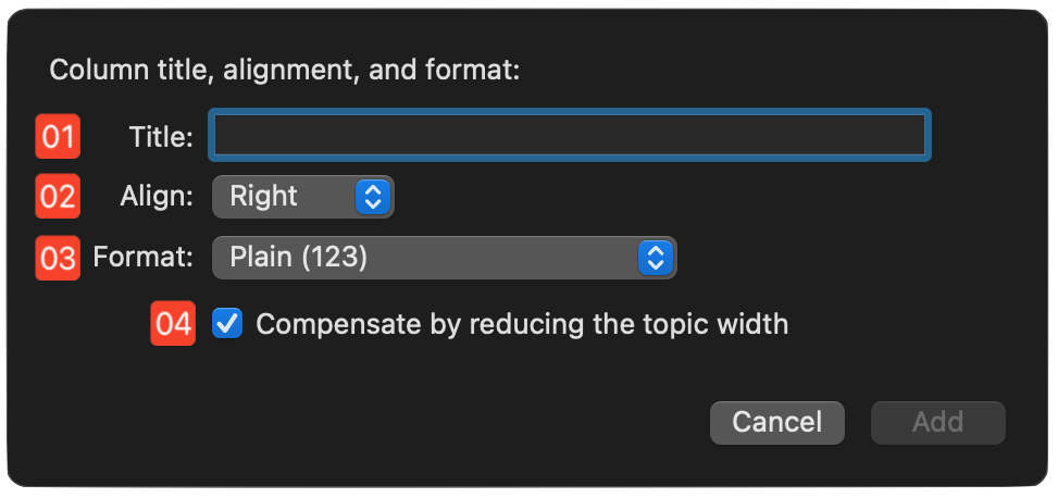 Form dialog for the Add Numeric Column command