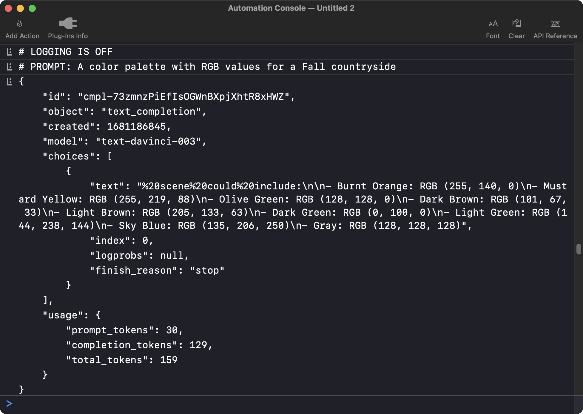 The console showing the results of the query