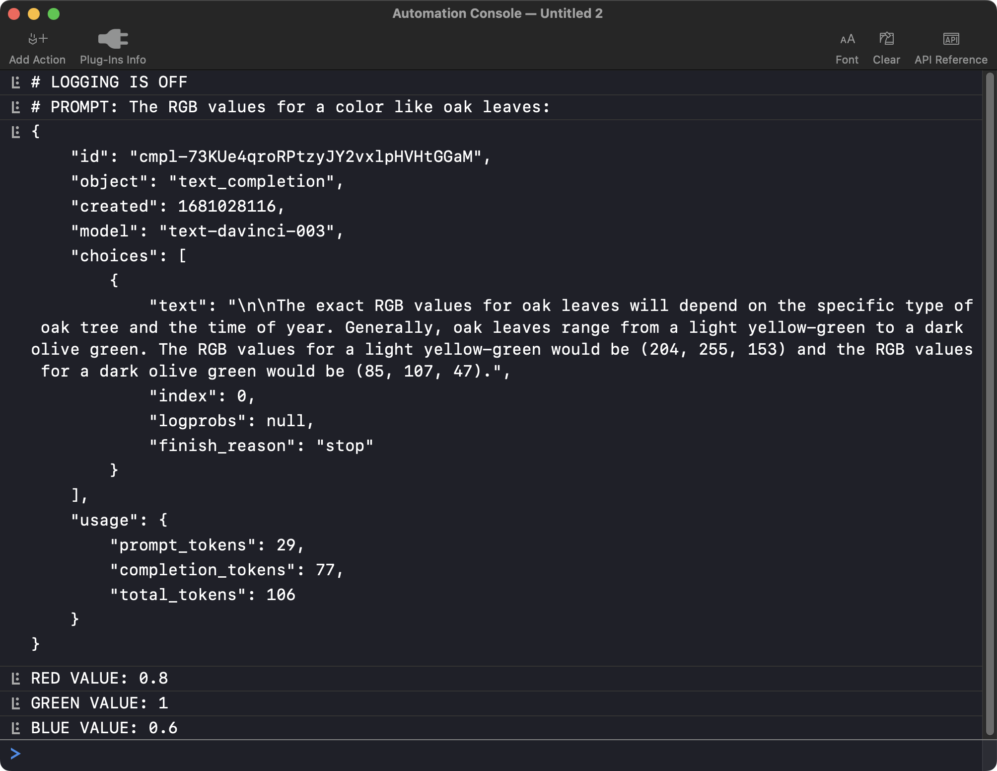 The OmniGraffle console displaying the results with mutliple options