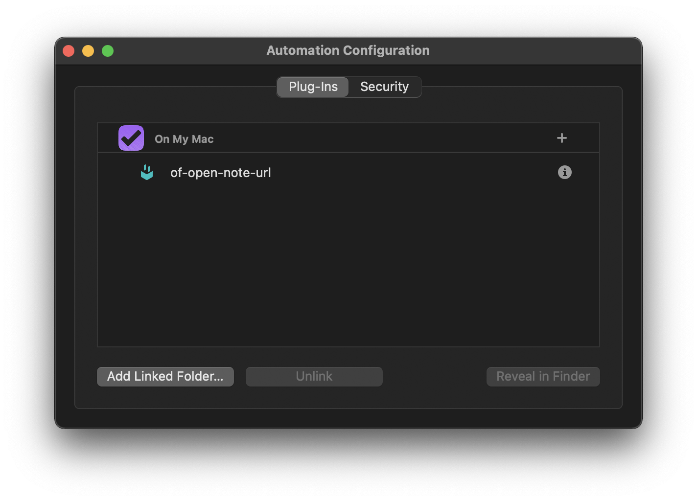 macOS new plug-in in Automation Configuration dialog