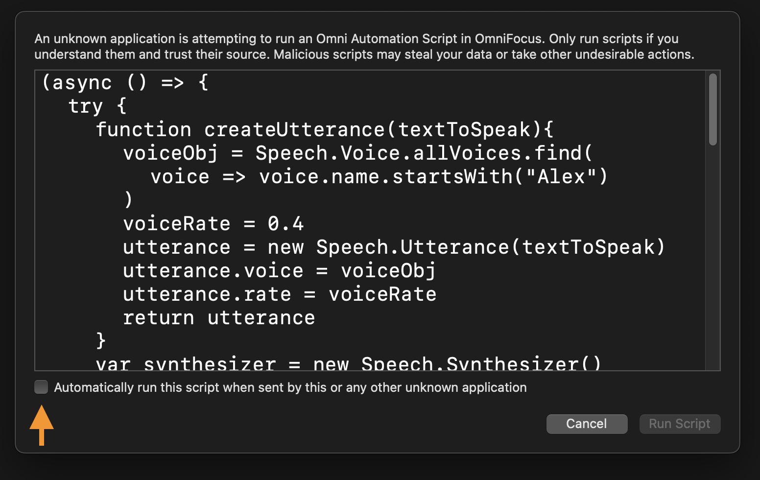 The script security dialog requiring scanning and approval