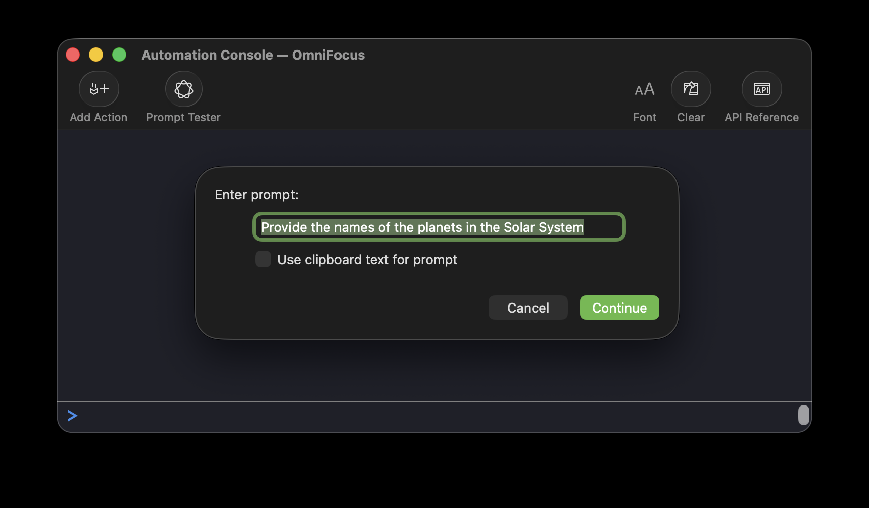Prompt Tester plug-in on Console toolbar