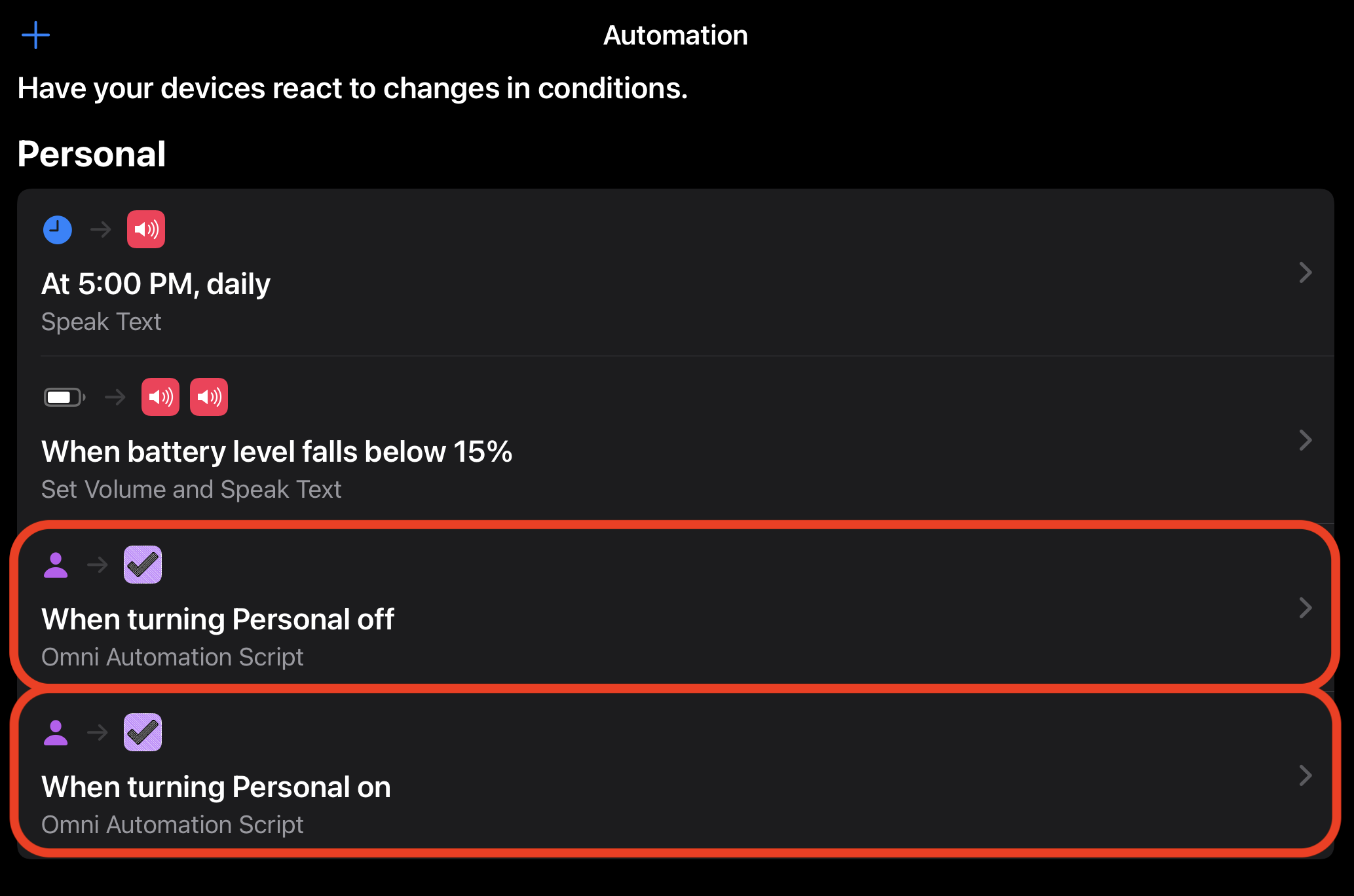 The Automation settings in Shortcuts