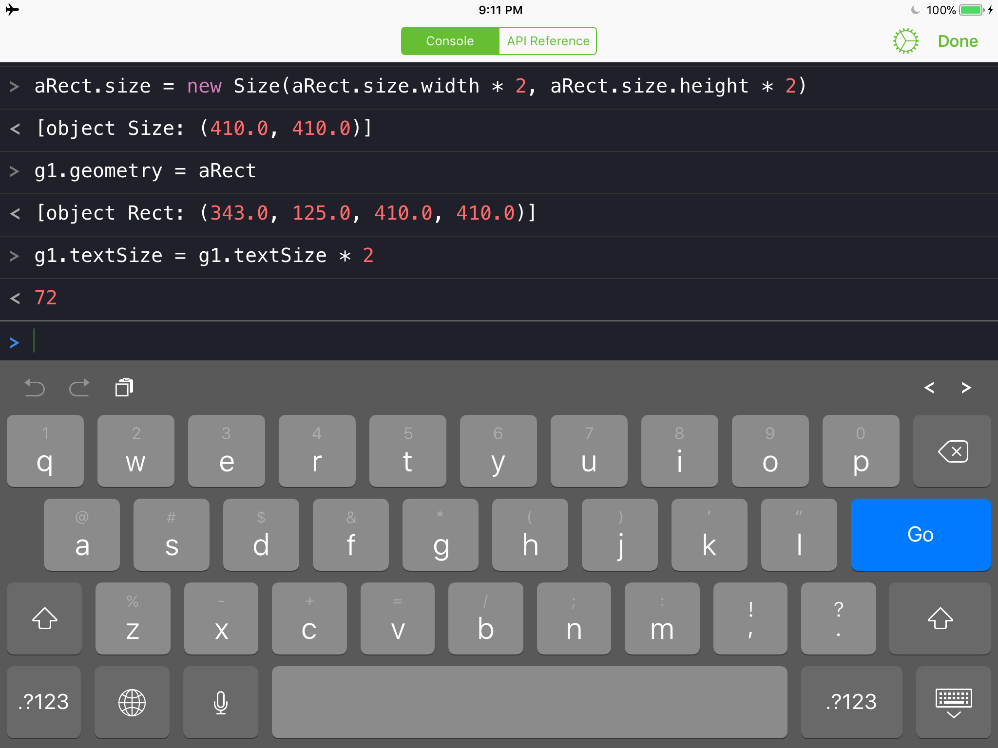 Code entered in console