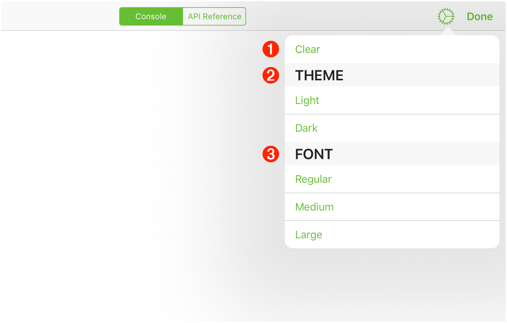 The iOS console settings menu