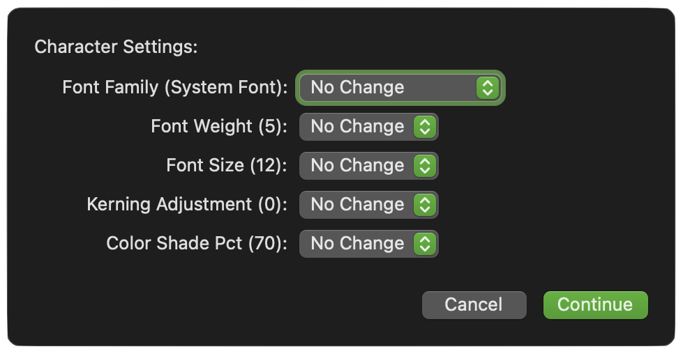 Character settings dialog