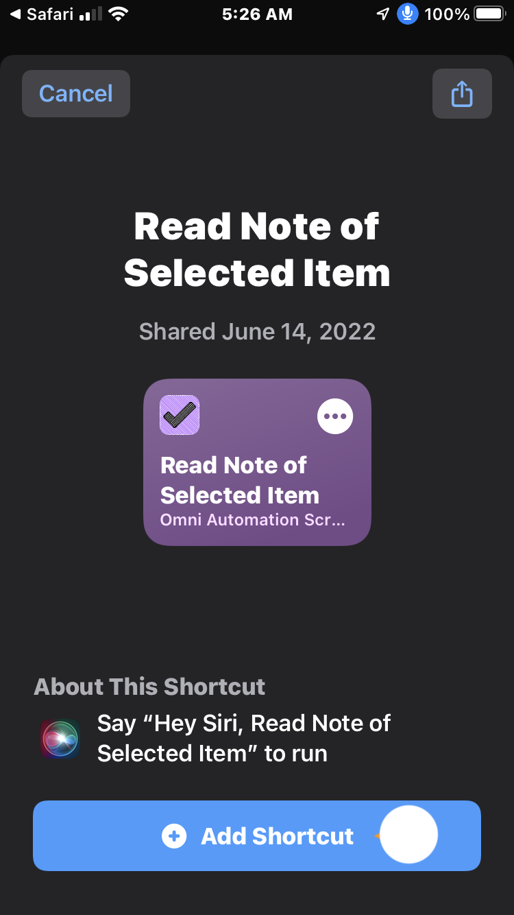 Step 2: In the forthcoming import dialog, tap the “Add Shortcut” button to add the shortcut to your Shortcuts library of actions.