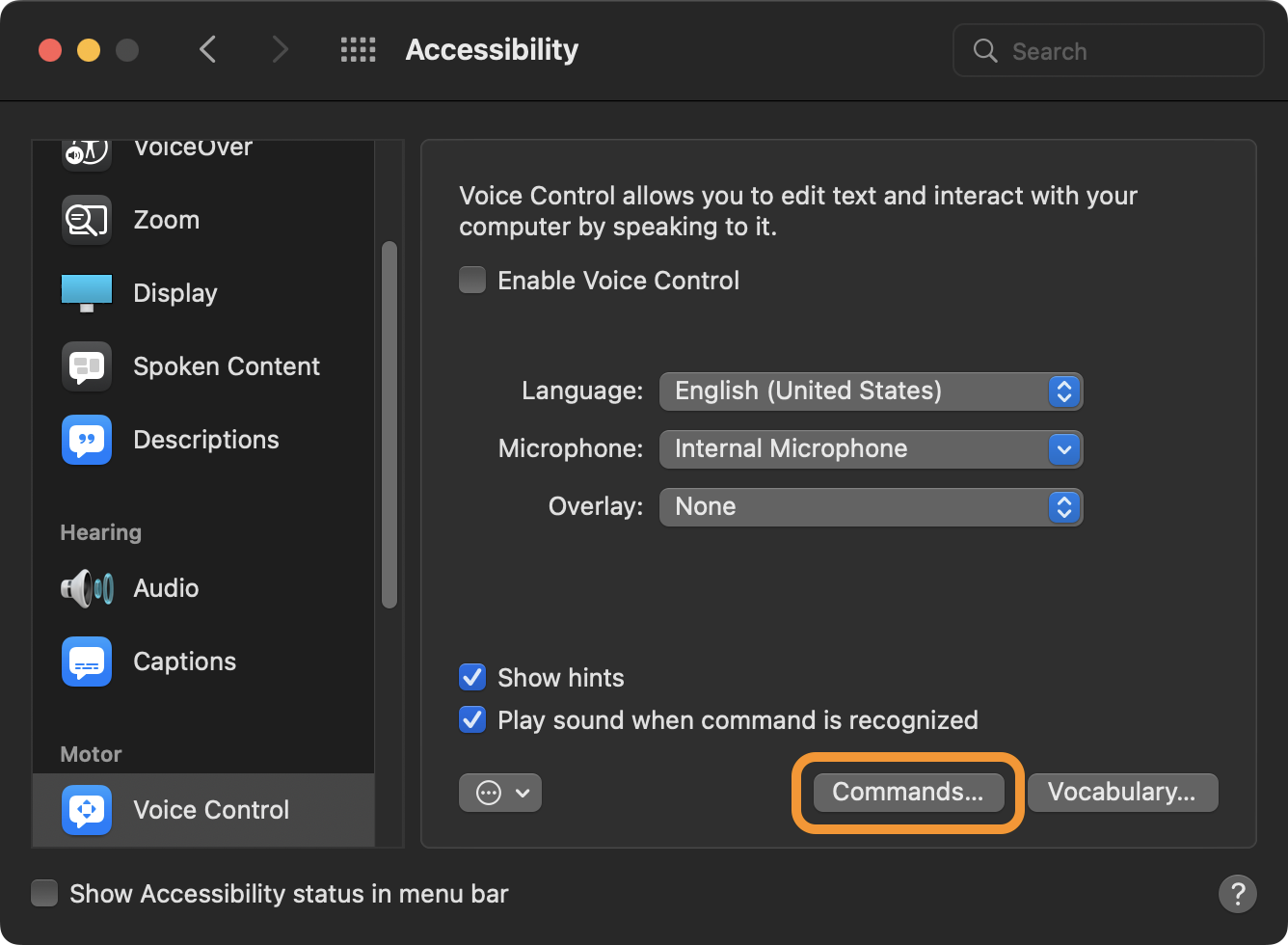 Commands button in Voice Control preferences