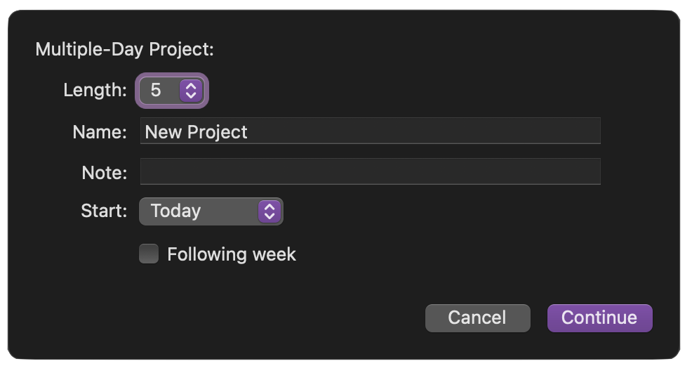 New Multiple-Day Project Dialog