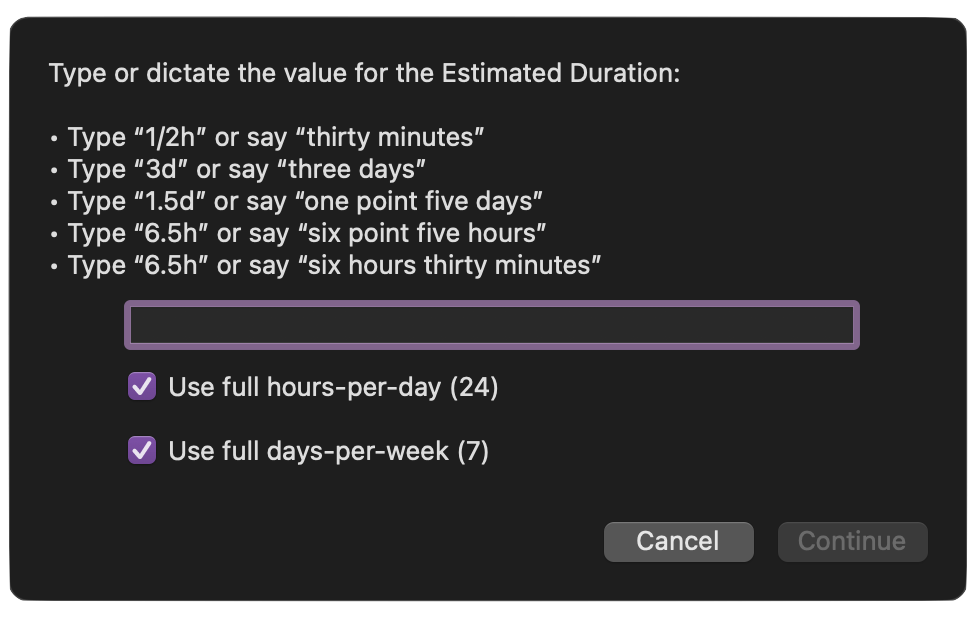 Set duration input dialog