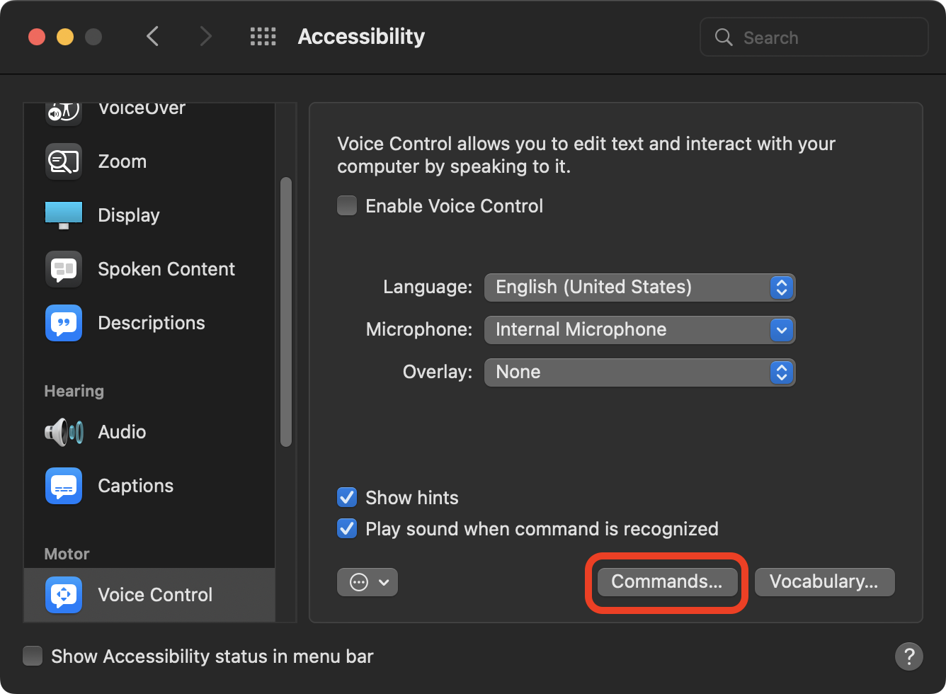 The Voice Control tab of the Accessibility system preference pane