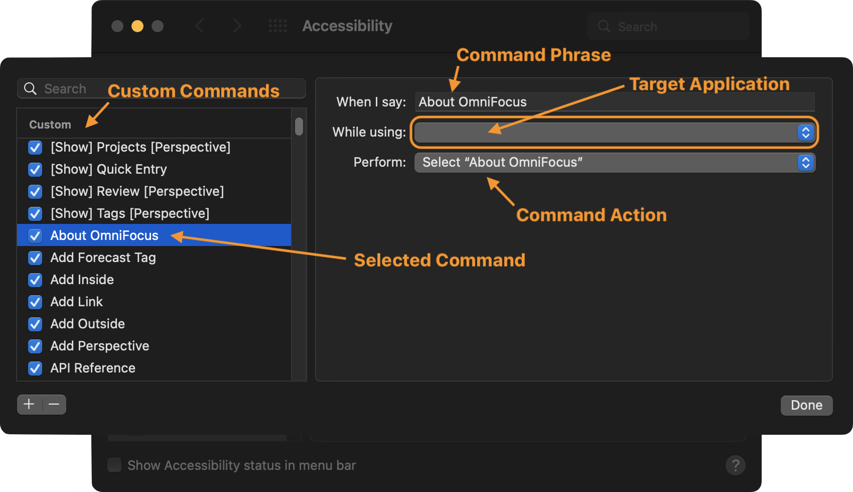 The commands editing sheet