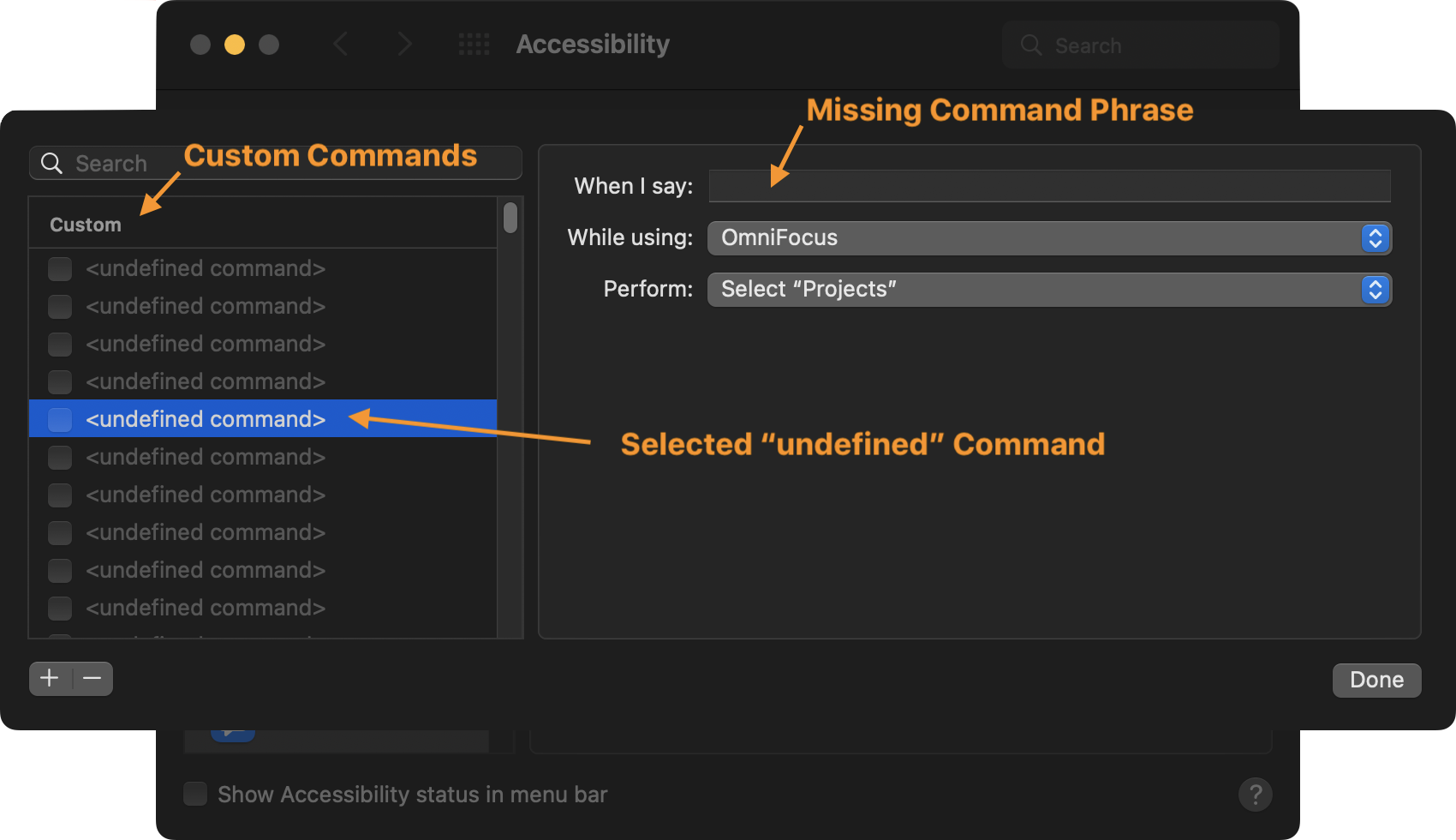 Commands list with missing phrases